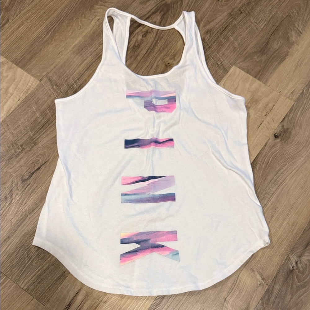 PINK Victoria's Secret White Tank with Multicolor Graphic